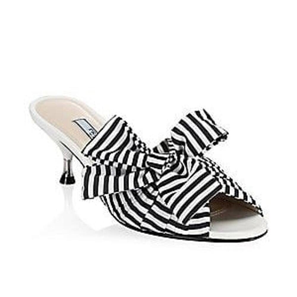 Prada Stripe Slip On Kitten Heel Mules With Large Bow White Black Womens EU 36.5